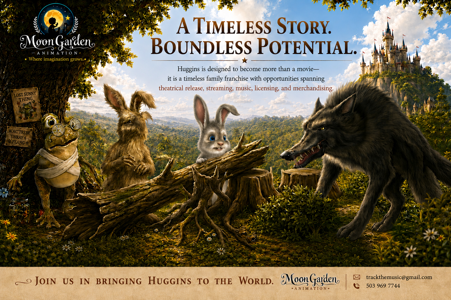 A Timeless Story. Boundless Potential. Huggins is designed to become a timeless family franchise spanning theatrical, streaming, music, licensing, and merchandising — pictured with the frog, hare, Huggins the bunny, and the wolf in the forest kingdom.