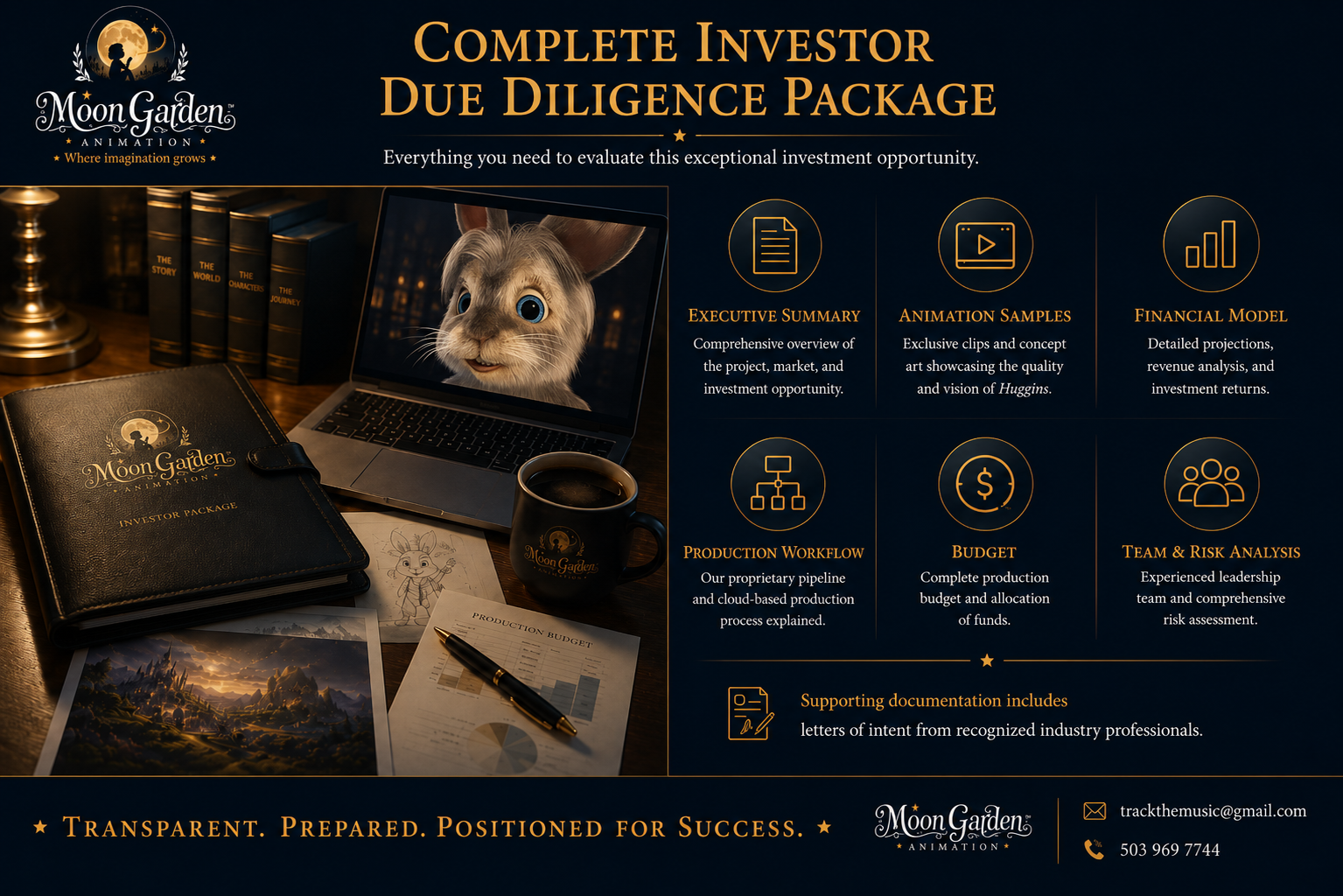 Complete Investor Due Diligence Package — leather investor portfolio, laptop showing Huggins, concept sketches and production budget on a candlelit desk.