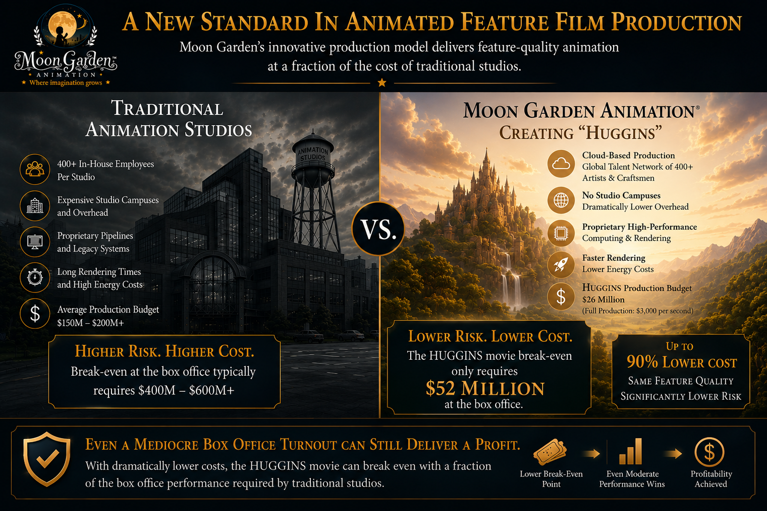 A new standard in animated feature film production. Traditional studios vs Moon Garden Animation creating Huggins: Huggins break-even only requires $52 million at the box office — up to 90% lower cost with the same feature quality and significantly lower risk.