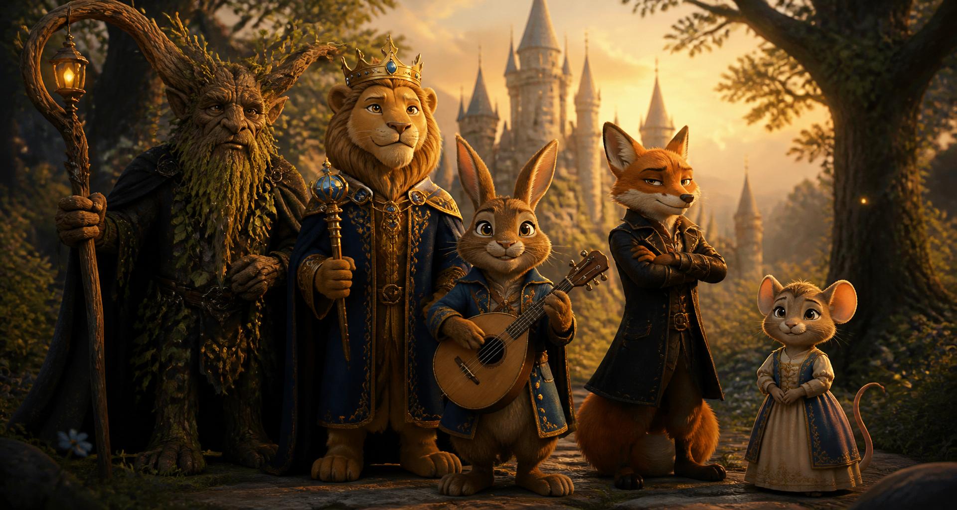 The characters of Huggins: Wurzel, Baylius, Huggins, Ruchent, and Netty