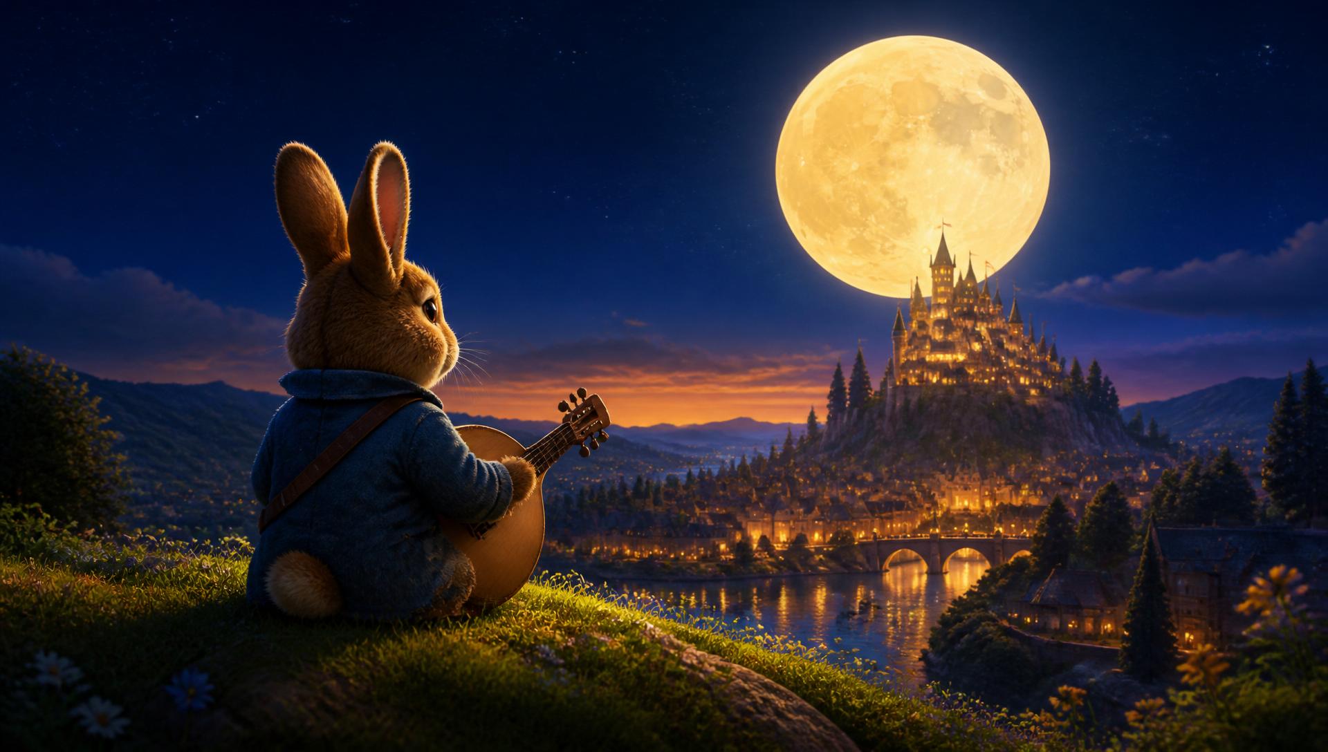 Huggins the bunny gazing at a moonlit kingdom